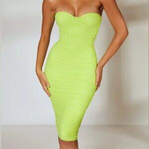 Oh Polly First Class Sheer Mesh Overlay Corset Midi Dress Lime